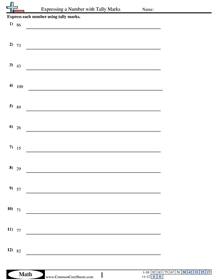 Tally Worksheets - Expressing a Number with Tally Marks worksheet